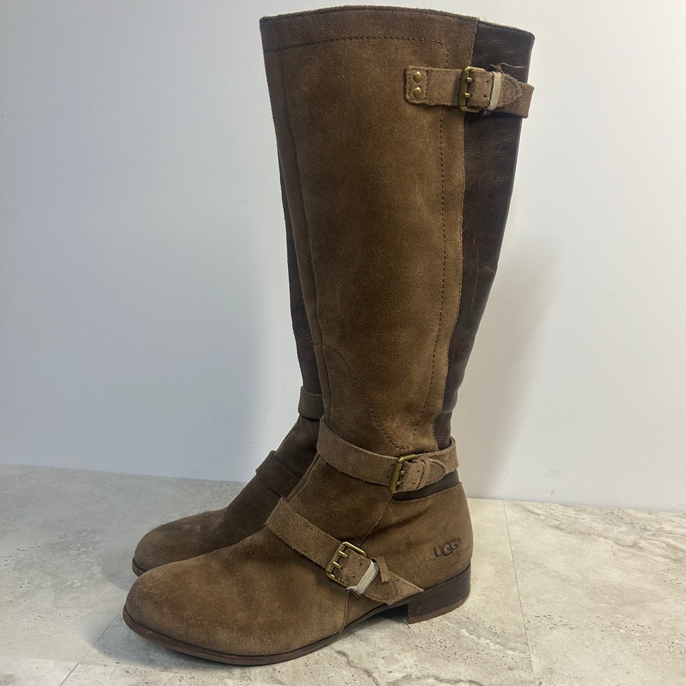 UGG Tall Suede Leather Buckle Moto Boots Brown Women Size 9 1001876